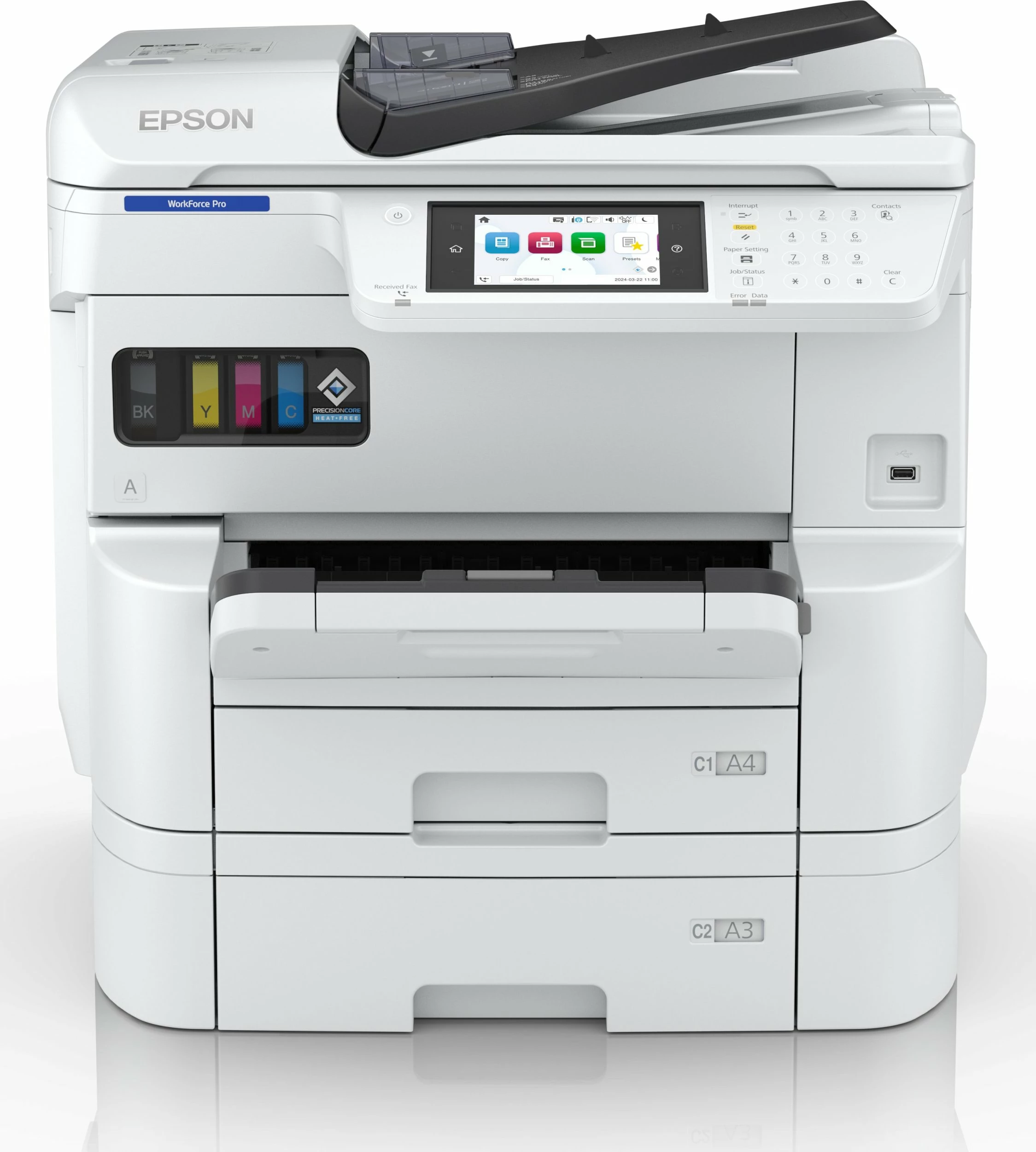 Printer multifunksional Epson WorkForce Pro EM-C7100DWF C11CL35401, inkjet A3+, CISS, Wi‑Fi, Duplex, Fax, i bardhë