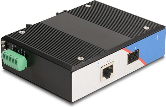 Media konverter industrial Gigabit DeLOCK, RJ45 në SFP, për DIN rail, i zi