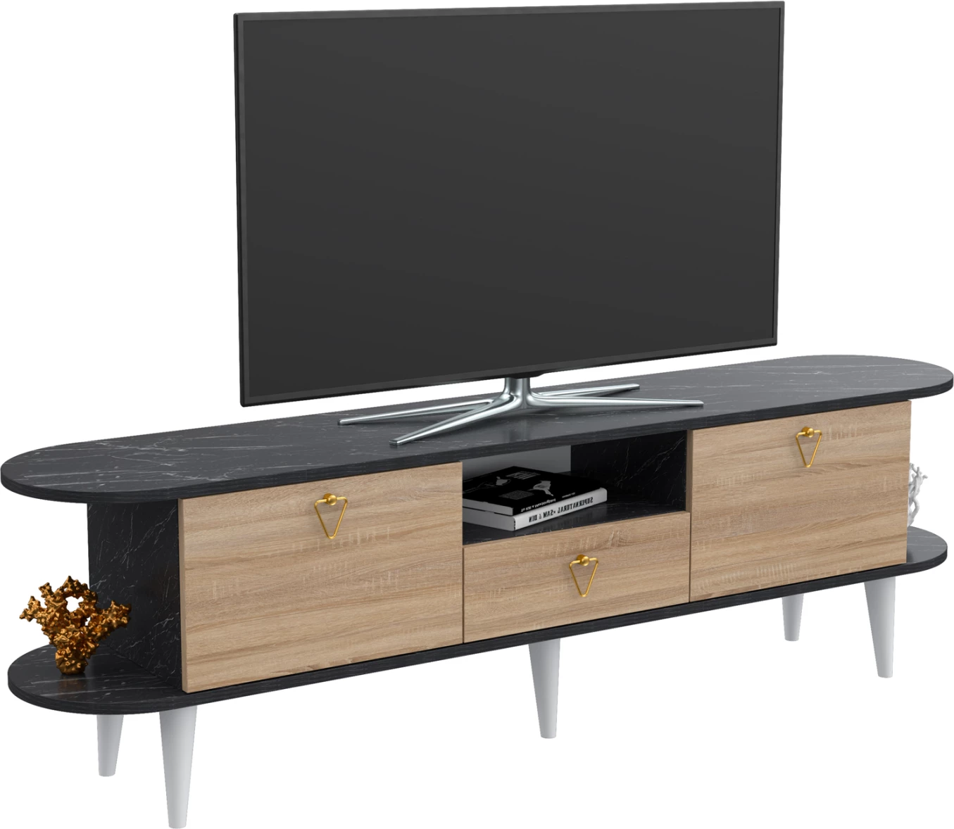 Mobilje TV BEECON FH18185 melaminë, ngjyrë mermeri të zi & këmbë të bardha sonama 180x36x53Hcm