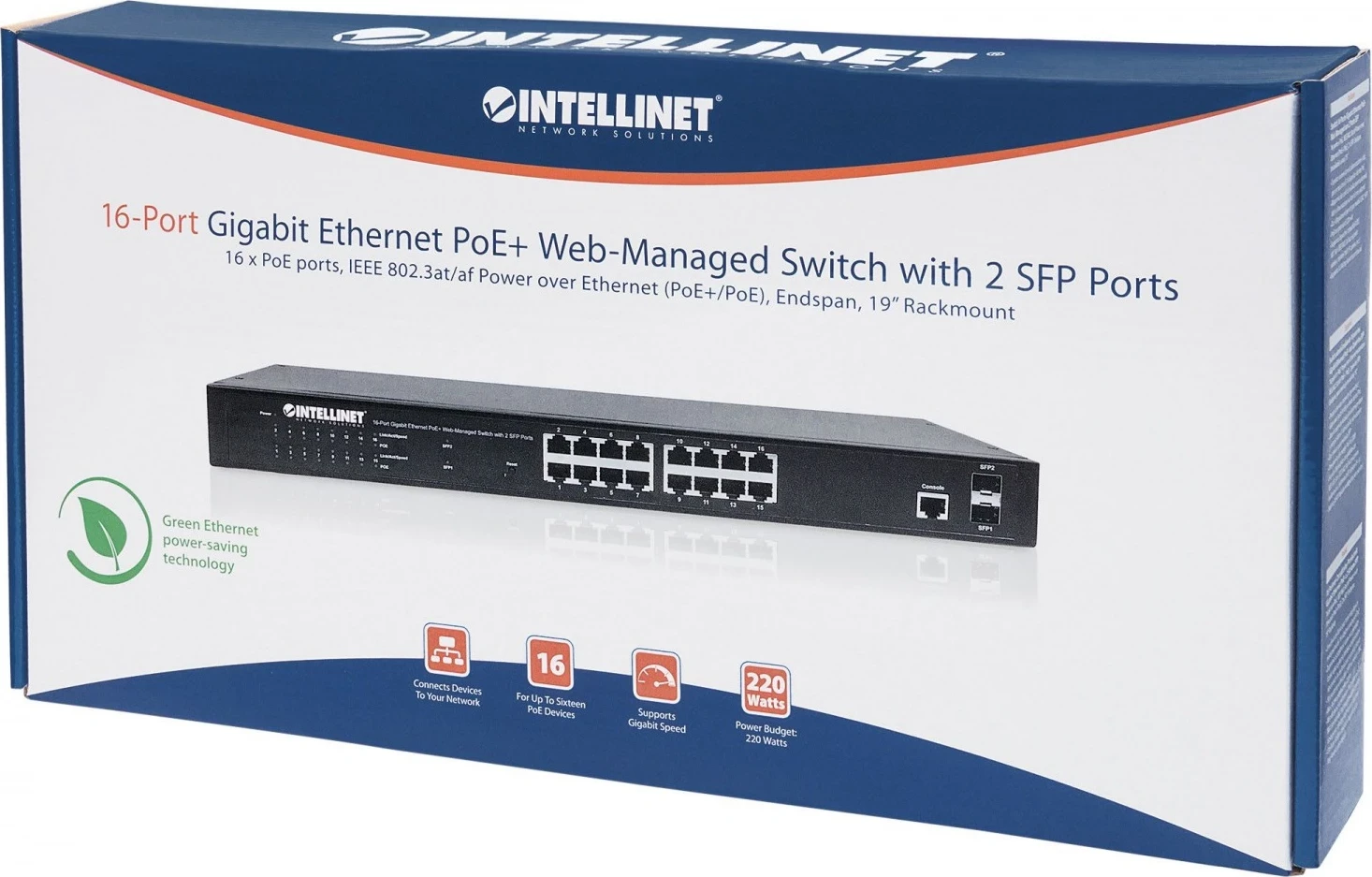 Switchi i Menaxhueshëm Intellinet, 16 portë PoE+ dhe 2 SFP
