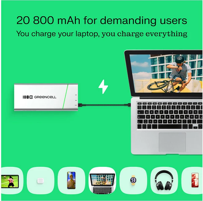 Power bank Green Cell PowerPlay Pro 65W (PBPLGC20P), 20800 mAh, USB-C PD, 3 porta, argjendtë/zi me detaje jeshile