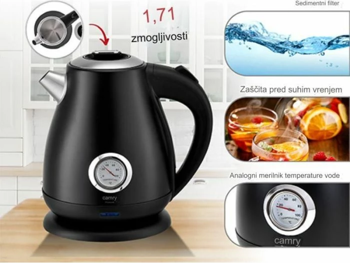 Çajnik elektrik CAMRY CR1344 1.7L 2200W me termometër, i zi