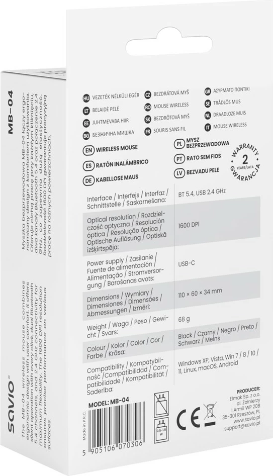 Maus wireless Savio MB-04 2.4 GHz/Bluetooth 5.4 1600 DPI i zi (me USB receiver + kabllo USB-C)