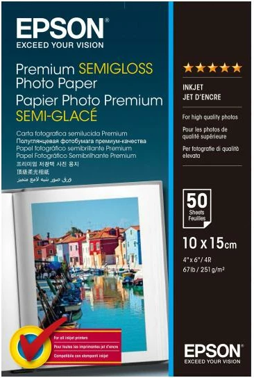 Letër fotografike gjysmë-shkëlqim, Epson, Premium Semigloss Photo Paper C13S041765, 10 x 15 cm, 251 g/m², 50 fletë, për inkjet, e bardhë