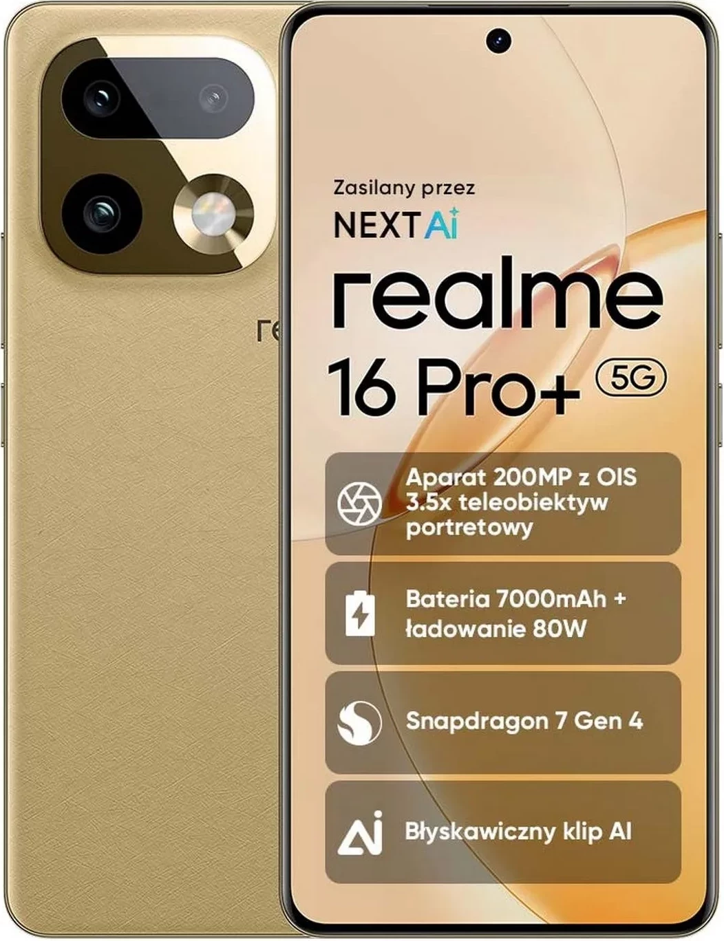 Celular Realme 16 Pro+ 5G, 12GB RAM, 512GB, Master Gold
