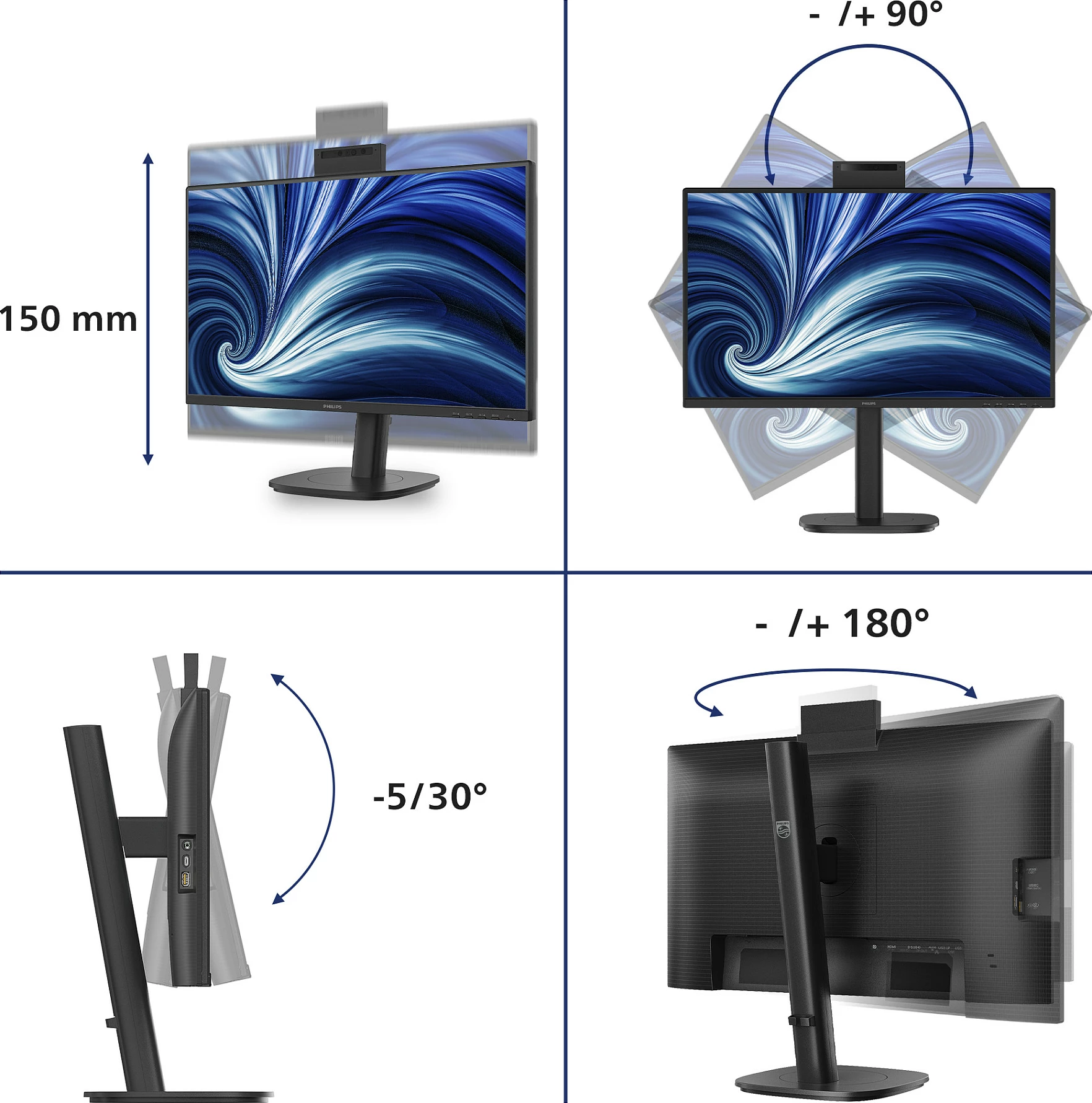 Monitor Philips 24B2N3200JH/00, 23.8" FHD IPS, 120Hz, USB-C, webcam 5MP, i zi