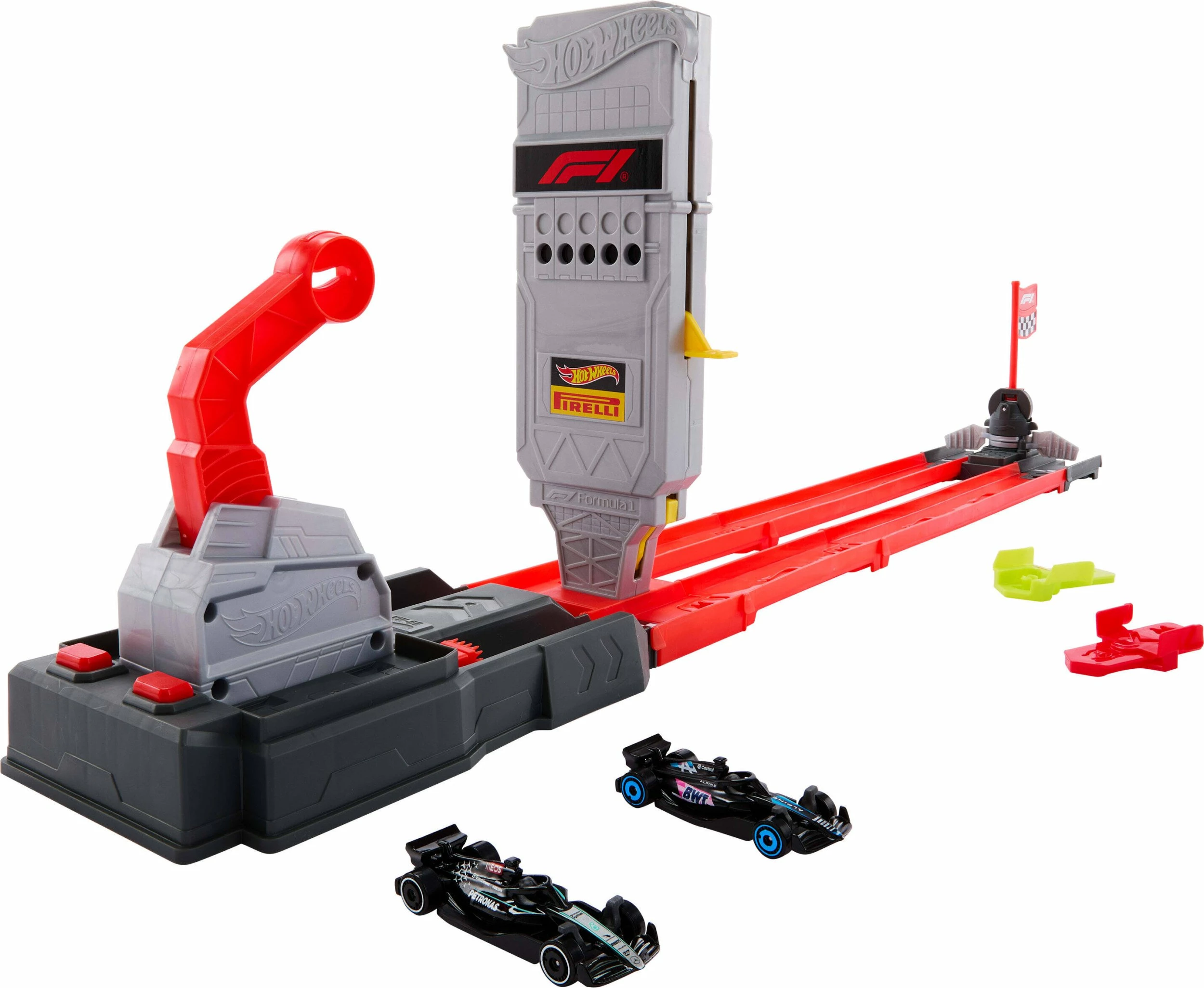 Set pistë garash Hot Wheels Formula 1 Fast Race Track JKM88, launcher, 2 vetura metalike 1:64, Speed Snap, kuqe/gri, set me 2 vetura