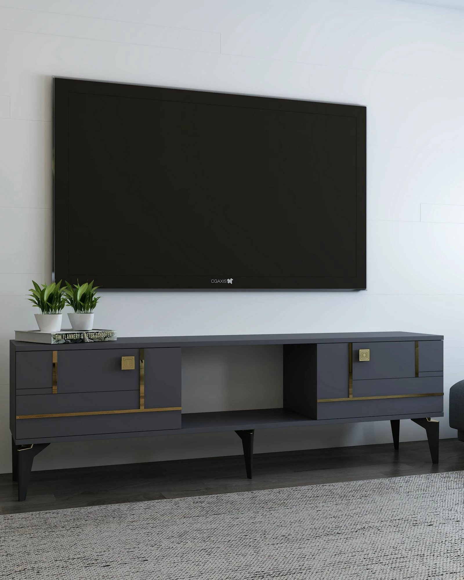 Komodë TV Skye Decor, ngjyrë antracit, detaje ari