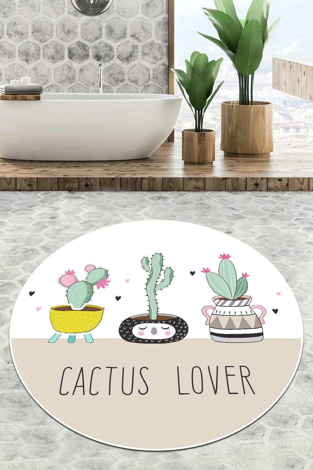 Tapet për banjo, Mijölnir, dizajn Cactus Lover, ngjyrë rozë, 100 cm