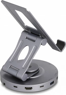Docking station DeLOCK 4K me mbajtëse, HDMI, LAN, USB-C/USB-A, SD/MicroSD, PD 60W, 360° rrotullues, gri