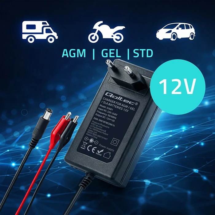 Karikues akumulatori Qoltec 52661 12V 2A 24W 5.5x2.1, kabllo 1.8m, i zi