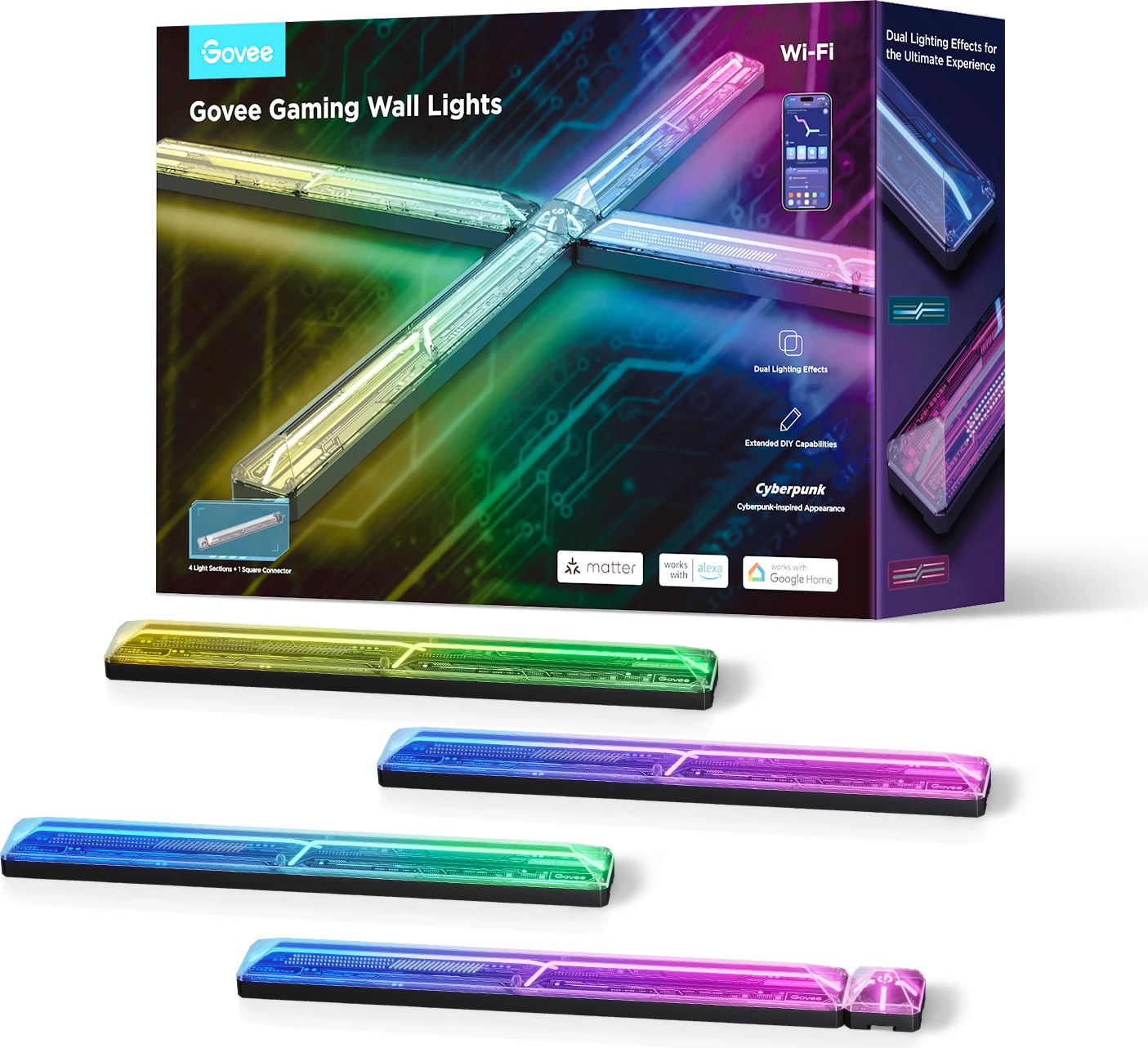 Drita muri gaming Govee Gaming Wall Lights, Wi‑Fi, 16 milion ngjyra, sinkronizim me muzikë, set 4+1