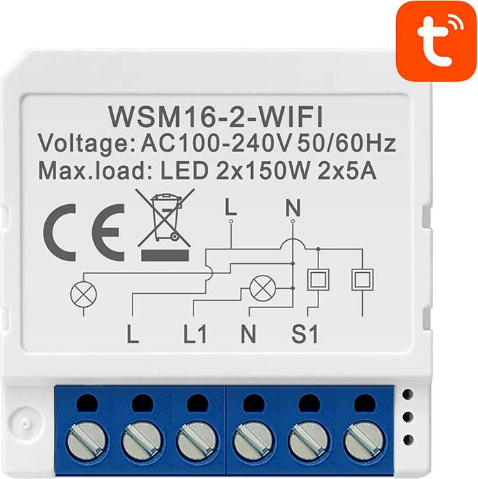 Modul Switch i mençur Wi‑Fi, Avatto, WSM16‑W2, 2‑kanalësh, Tuya/Smart Life, Alexa/Google, 100‑240V, LED 2x150W, IP20, e bardhë