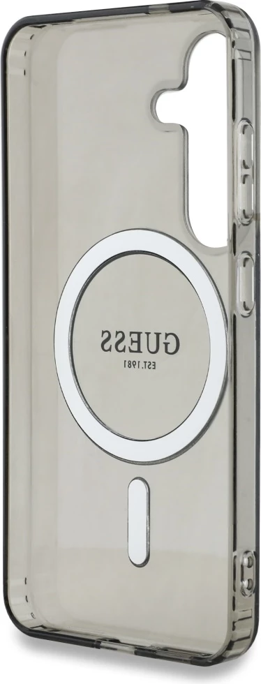 Mbështjellës Guess Glitter Circle Classic Logo MagSafe për Samsung Galaxy S25, zi