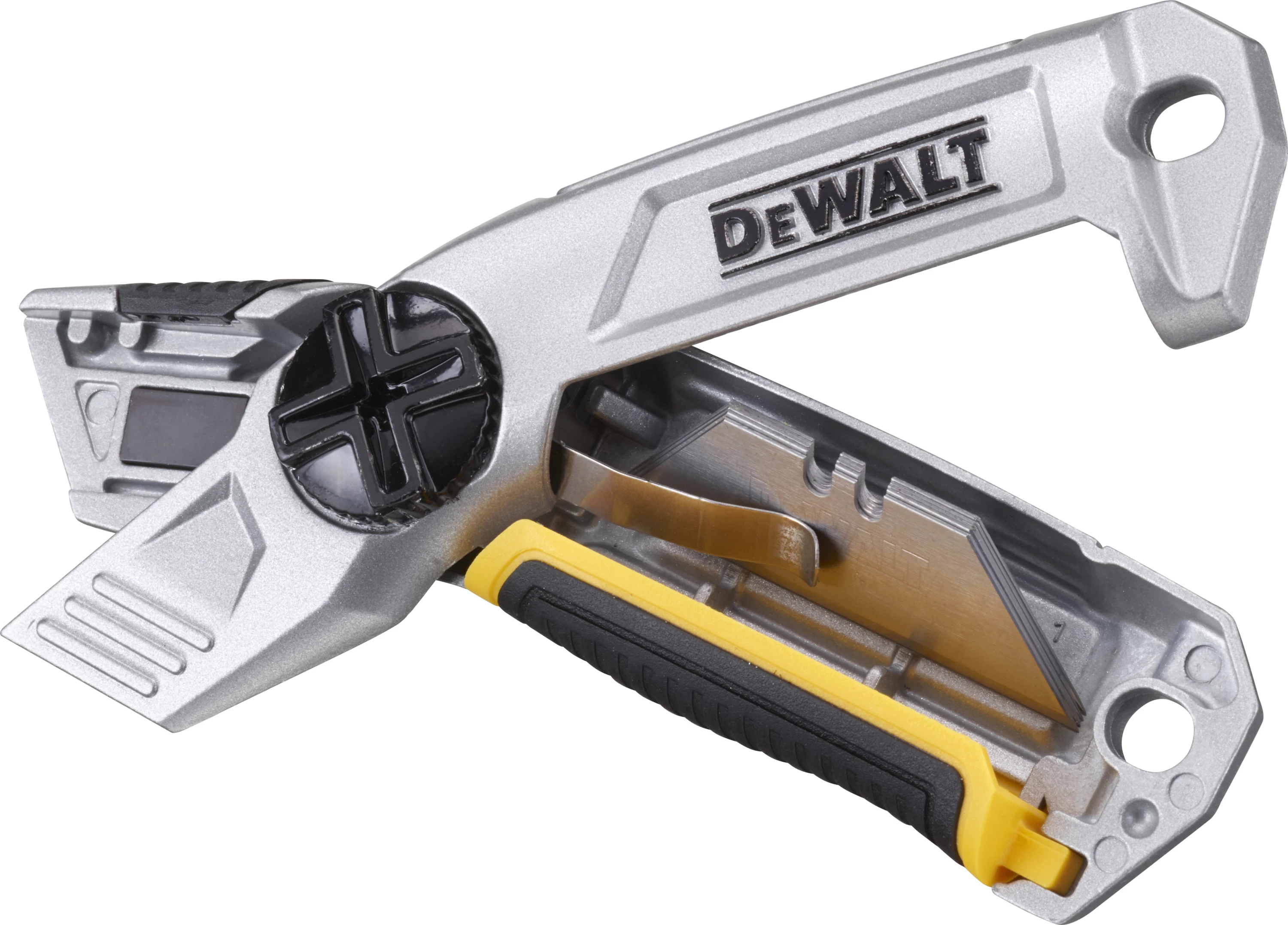 Thikë utilitare Dewalt DWHT10246-0, teh fiks, me 5 tehe rezervë, trup metalik, gri/zezë/verdhe
