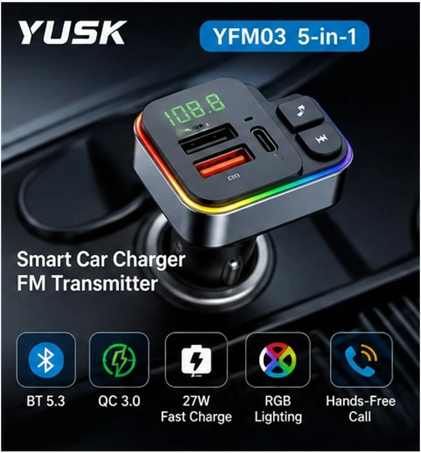 Karikues Makine YUSK YFM03 5-në-1 me Bluetooth 5.3, FM Transmitter dhe 27W PD