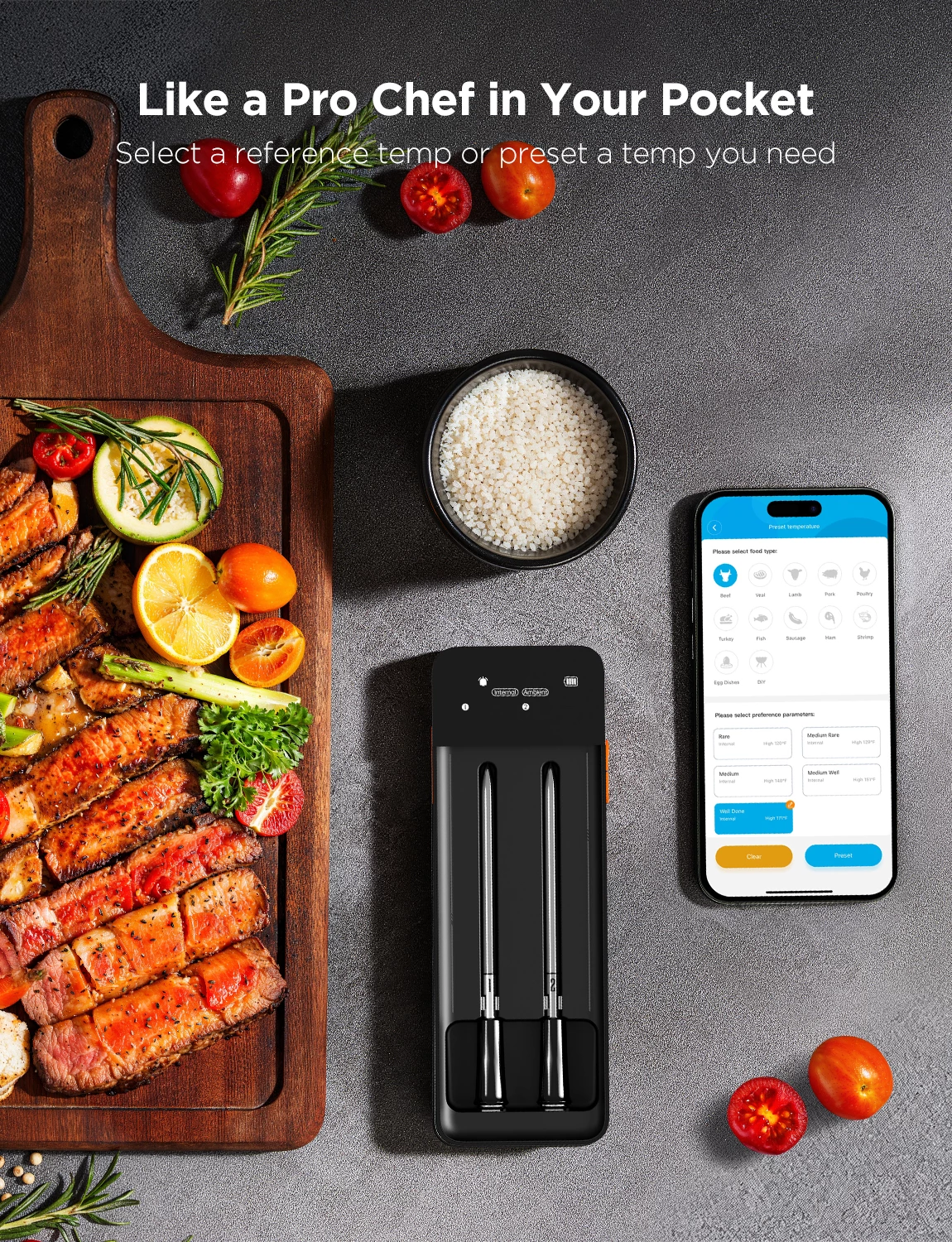 Termometër mishi Govee GoveeLife, wireless Bluetooth + WiFi, 2 sonda, LCD, rreze deri 150 m, i zi
