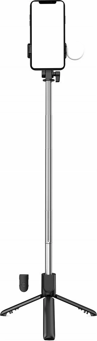 Selfie stick Hurtel WH1YXS teleskopik tripod 103 cm me llambë rrethore LED, mbajtës telefoni dhe Bluetooth remote, i zi