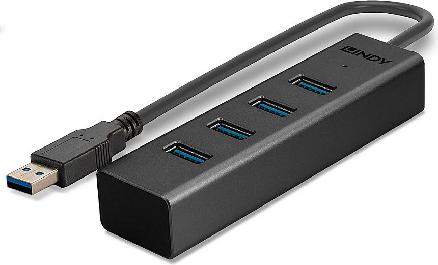 USB Hub 4-Port LINDY USB 3.0/USB 3.2 Gen 1 Type-A, 5 Gbps, kabllo 0.3 m, i zi