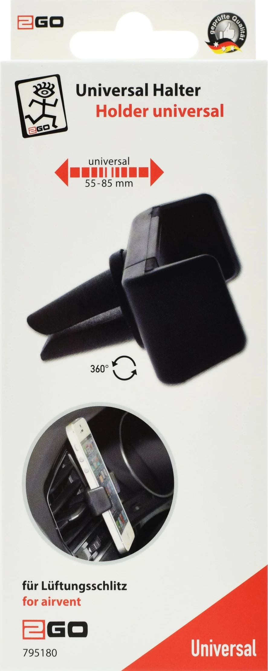 Mbajtës pasiv 2GO 795180 për celular ose navigator, 360°, kapje me shtrëngim, deri 9 cm, i zi