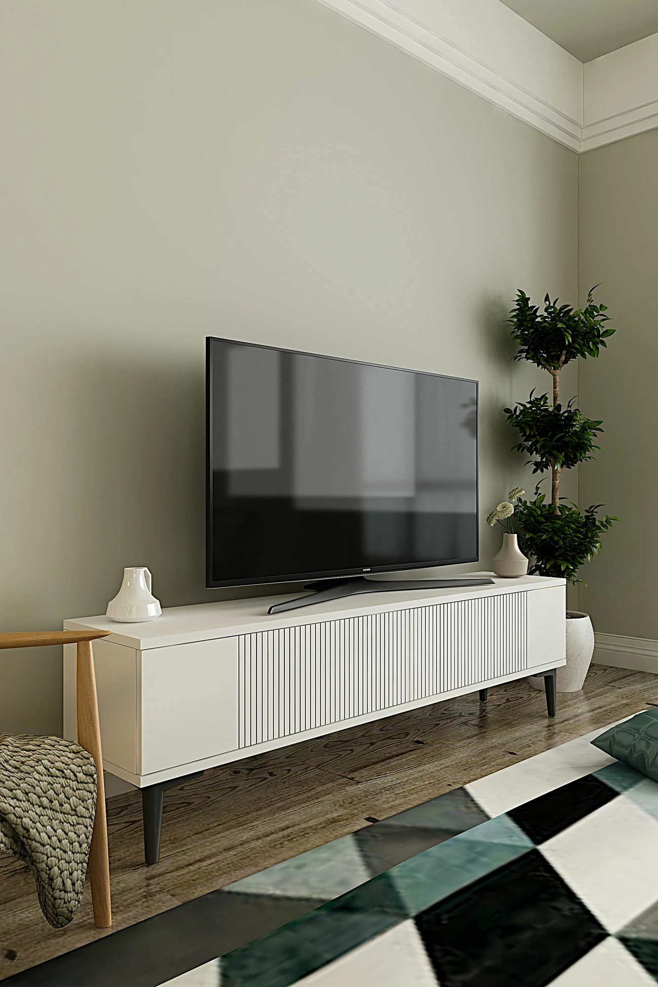 Komodë TV Skye Decor, Corsa 120, e bardhë