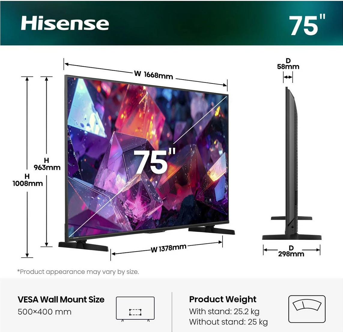 Smart TV Hisense 75E7S PRO, 75", 4K QLED, 144Hz, Dolby Atmos, Wi-Fi/Bluetooth, e zezë/hirtë