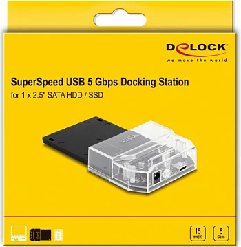 Docking station DeLOCK SuperSpeed, USB-C, për 1x 2.5" SATA HDD/SSD, 5 Gbps, e zezë/transparent