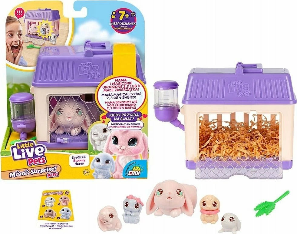Set lodër interaktive Little Live Pets Mama Surprise Mini Bunny MO-26625, 22 cm, me kafaz, 4-5 lepuj të vegjël + 6 aksesorë