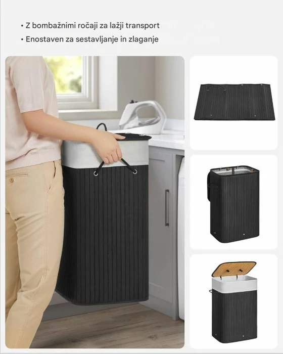 Shportë rrobash SONGMICS LCB10B, bambu e palosshme me kapak, 72 L, e zezë