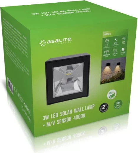 Llambë muri solare LED Asalite ASAL0283 3W 200 lm 4000K IP44 me sensor microwave 100x100 mm, e zezë, 1 copë