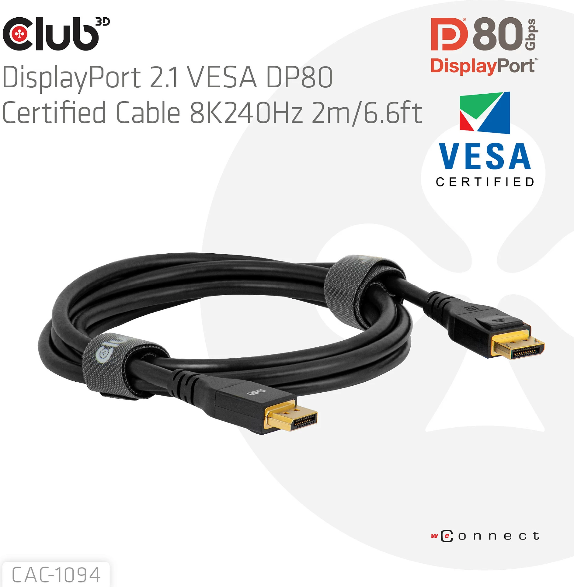 Kabllo DisplayPort Club 3D CAC-1094, DP 2.1 DP80, 2m, 8K 240Hz, e zezë