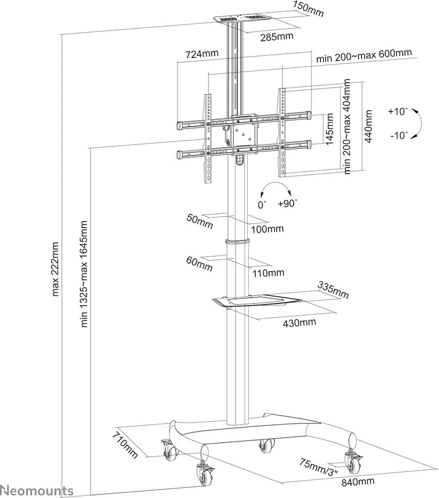 Karrocë TV Neomounts PLASMA-M1900E, 37-70 inç, rrotulluese, e zezë