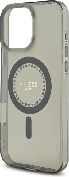 Mbështjellës Guess IML Rhinestones MagSafe për iPhone 16 Pro, Zi