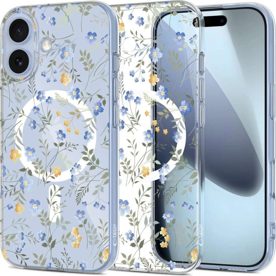 Mbështjellës Tech-Protect FlexAir MagSafe për iPhone 17, TPU fleksibil, Daisies with Leaves, transparent, 1 copë