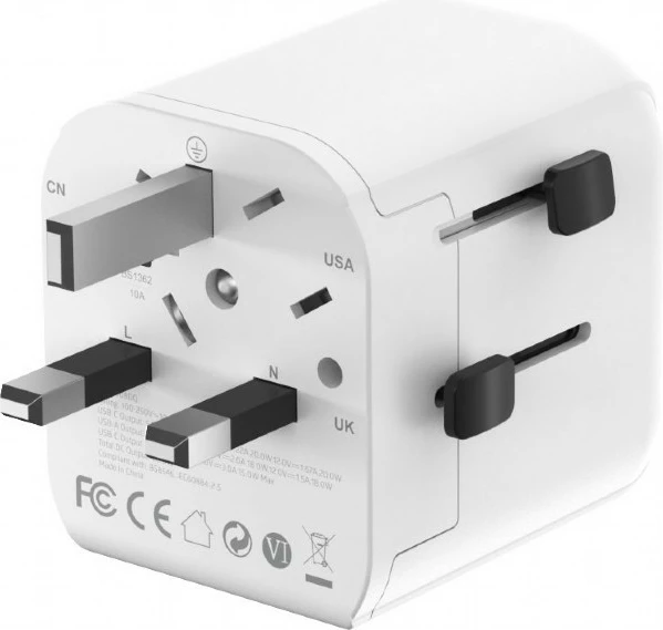 adapter udhëtimi me tokëzim, Gembird, TPA-EU1A1C20-01-W, 20W GaN, USB-C PD + USB-A QC, prizë Schuko, e bardhë
