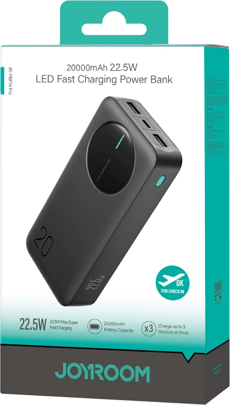 Powerbank Joyroom JR-PBF14 Pro 20000mAh 22.5W me ekran digjital, 2x USB-A 1x USB-C, e zezë