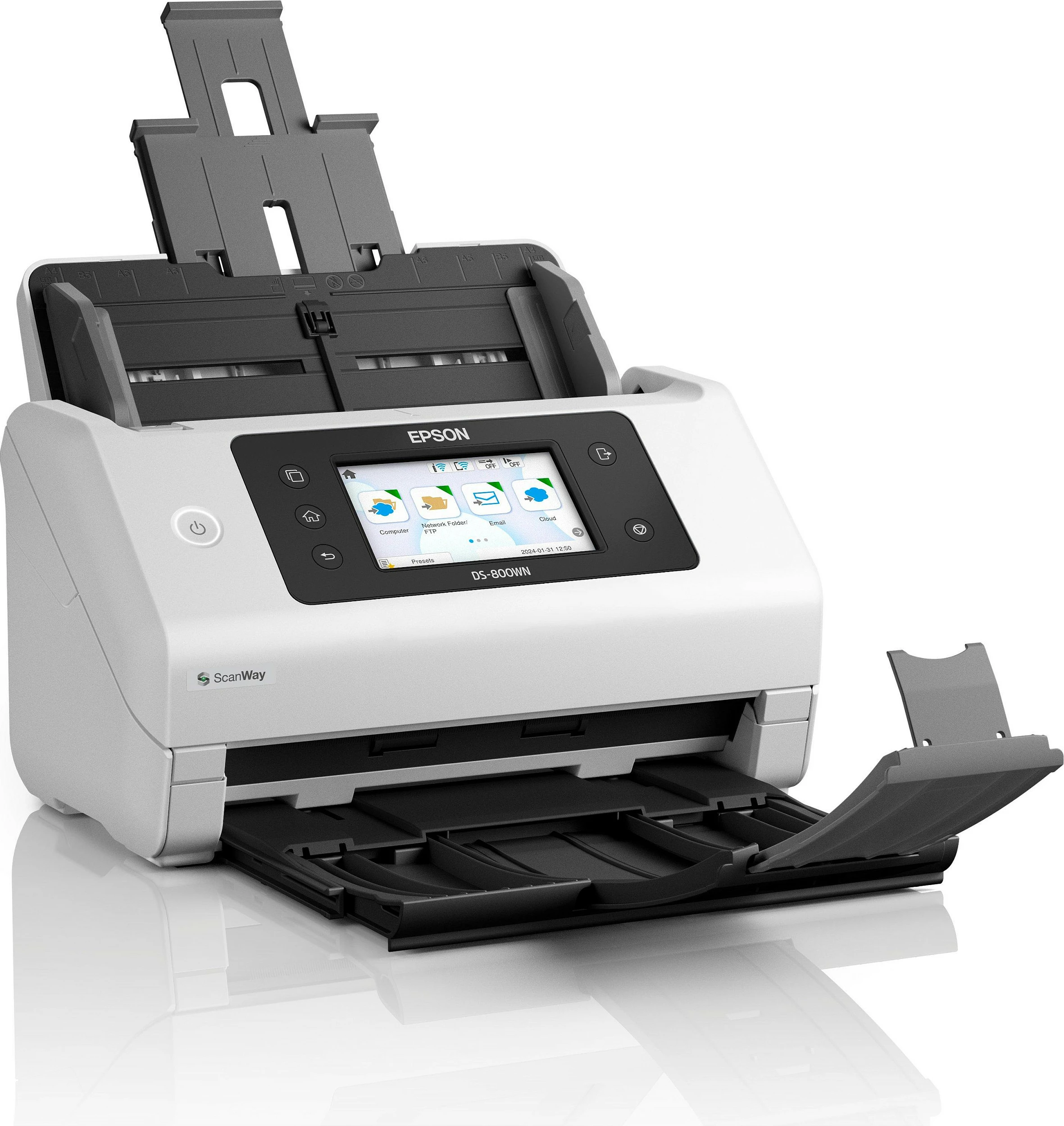 Skaner Epson WorkForce DS-800WN, A4/A3, Wi‑Fi/Ethernet, ADF 100 fletë, 50 ppm / 100 ipm, touchscreen, bardhë