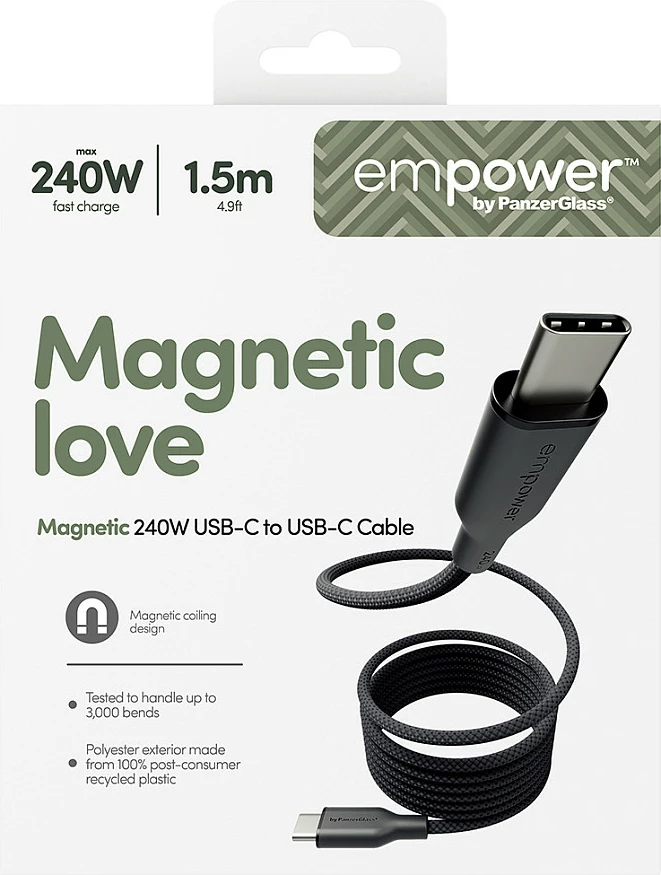 Kabllo USB-C në USB-C PanzerGlass empower Magnetic, 240W, 1.5m, USB 2.0, Space Black/Transparent