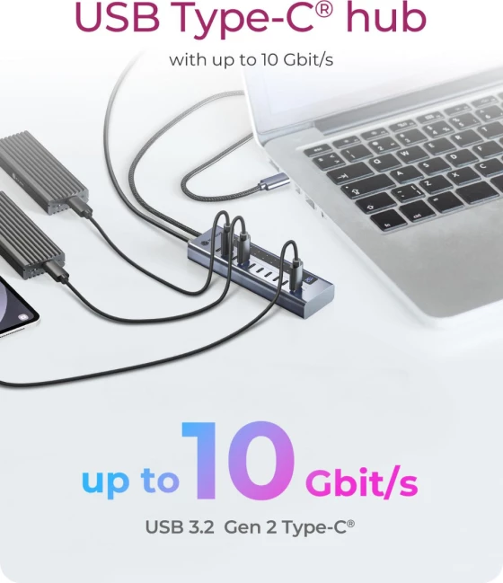 Hub USB-C ICYBOX IB-HUB1450-C31 10-port USB 3.2 Gen 2, PD 20W, ekran LED, kabllo e thurur, blu e errët