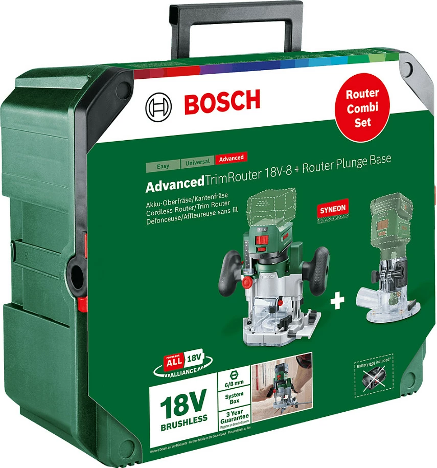 Frezë akumulatori Bosch AdvancedTrimRouter 18V-8 Combi Set, 18V Li-Ion, pa bateri dhe karikues, jeshile/zezë