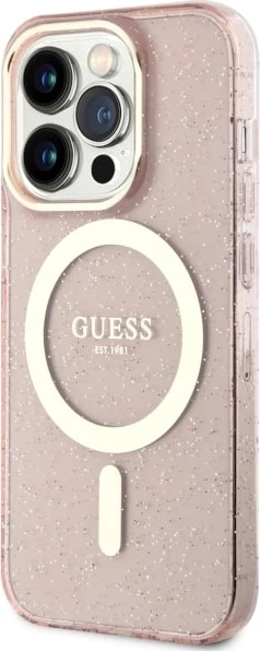 Mbështjellës Guess GUHMP14LHCMCGP për iPhone 14 Pro 6.1", Glitter Gold MagSafe, Rozë