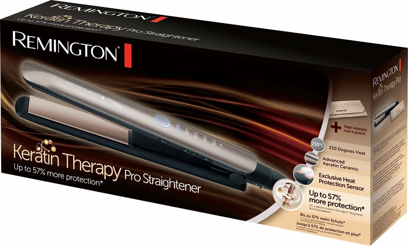 Drejtues flokësh Remington Keratin Therapy S8590, 160-230°C, pllaka qeramike me keratin, krem