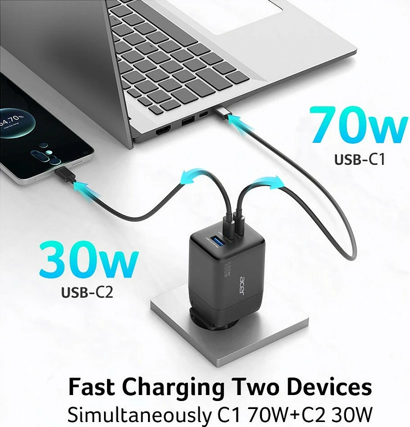 Karikues Acer GaN 100W, 2x USB-C + 1x USB-A, USB PD 3.0, i zi