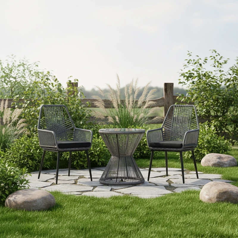 Tavolinë Mabil, xham, ratan gri, 50x55cm