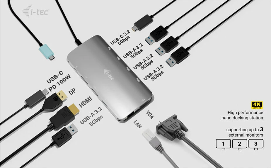 Docking station I-Tec USB-C Metal Nano, 3x monitor (DP/HDMI/VGA), 100W PD, argjendtë