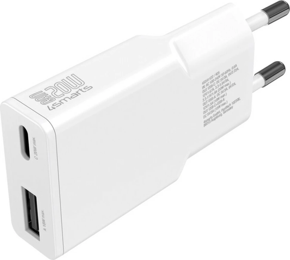 Karikues rrjeti 4smarts PDPlug Slim Duos 20W GaN, 1x USB-C + 1x USB-A, kabllo USB-C 1.5m, i bardhë