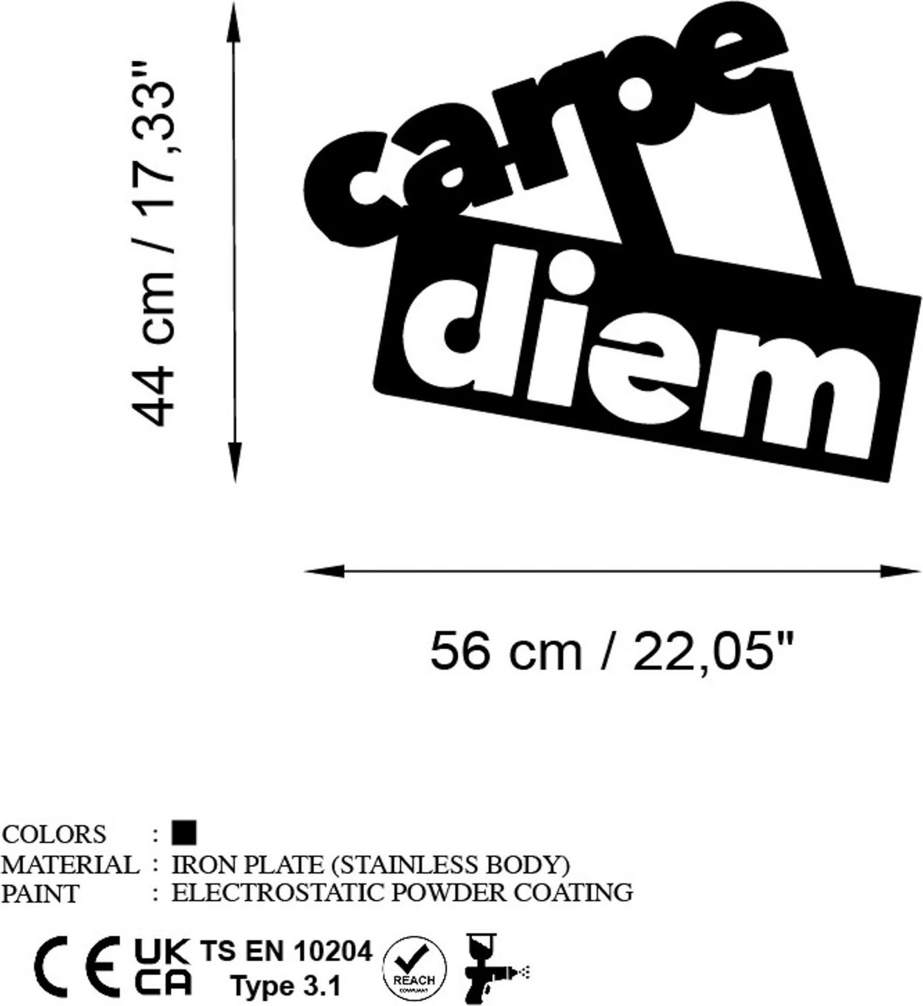 Aksesor dekorativ metalik për mur, Carpe Diem 3, ngjyrë e zezë, 56x44cm