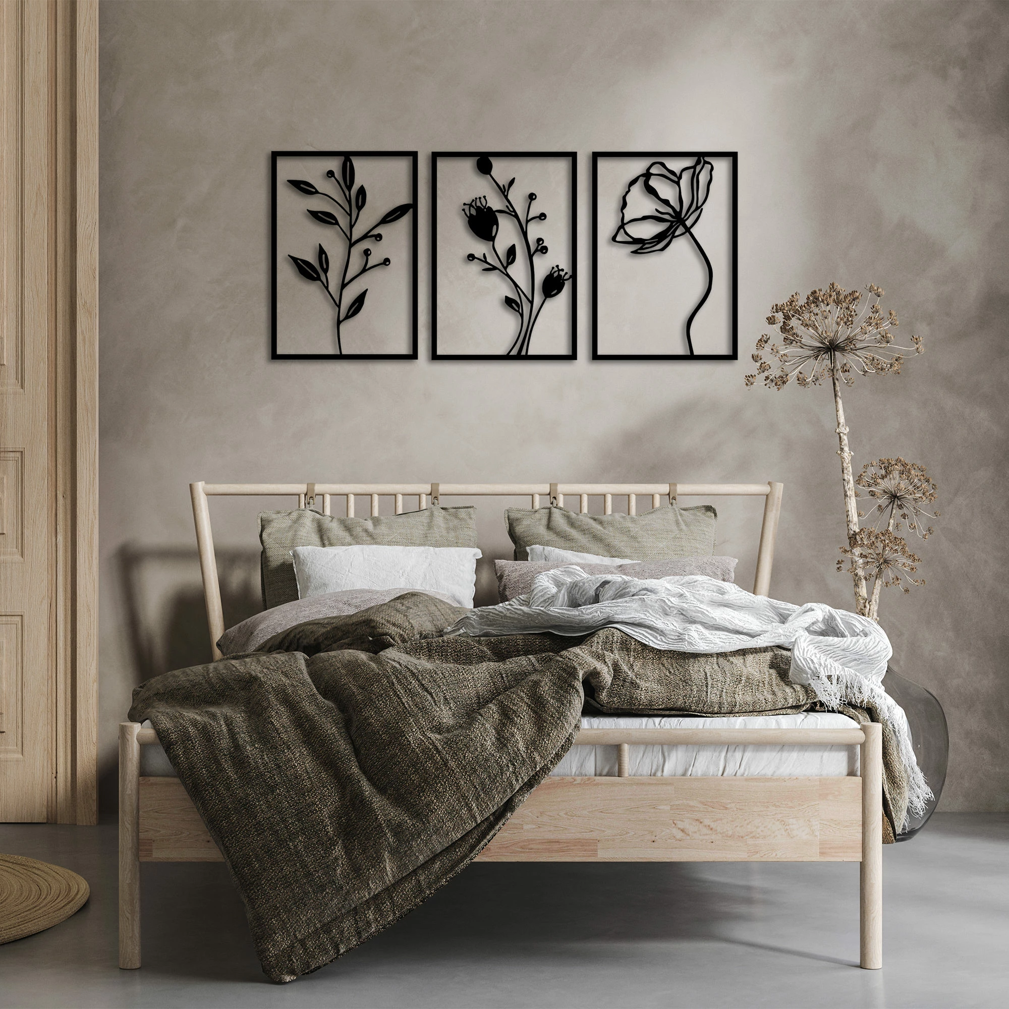 Aksesor dekorativ metalik për mur, lule, 3 copë, Wallity, 49x70cm, ngjyrë e zezë