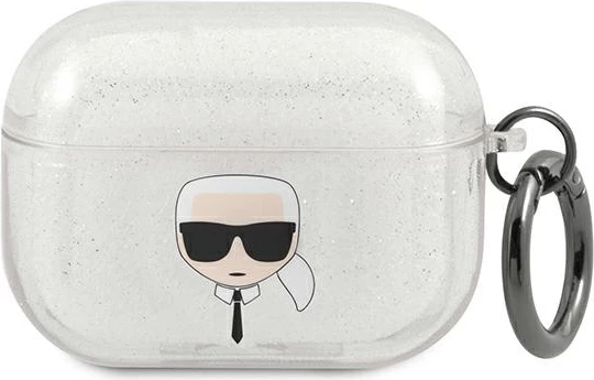 Mbështjellës për AirPods Pro Karl Lagerfeld Karl’s Head KF000835-0 TPU me glitter me unazë karabiner, Silver