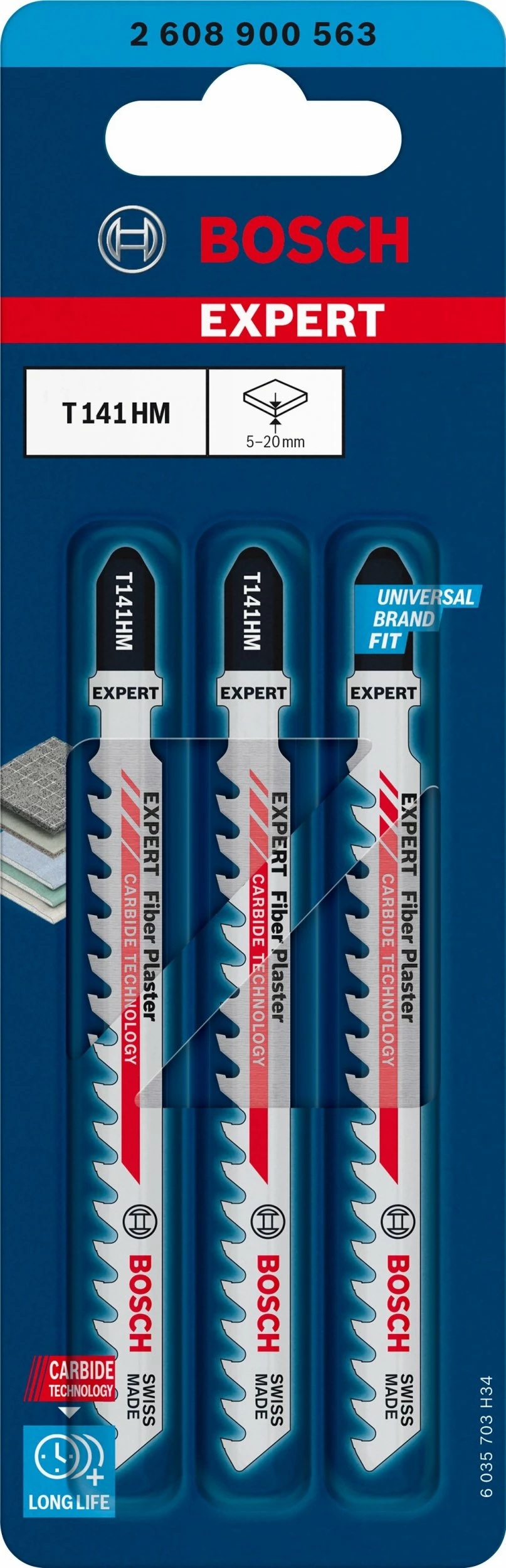 Teh sharrë për xhigso Bosch EXPERT Fiber Plaster T 141 HM, karbid (T-shank), 3 copë